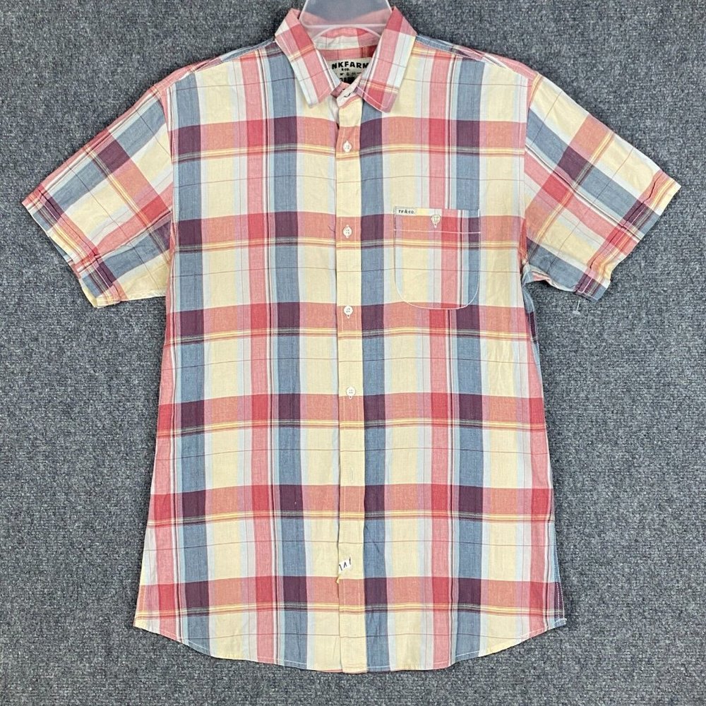 Tankfarm Button Up Shirt Men's Large Short Sleeve Plaid 100% Cotton L